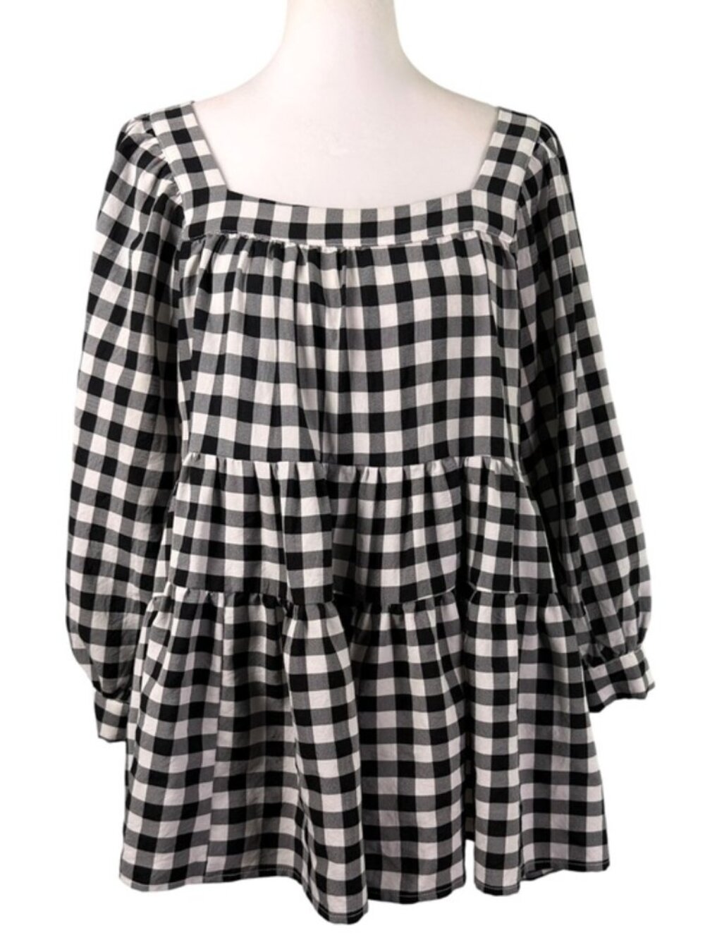Entro Black White Gingham Tiered Babydoll Tunic Blouse Medium - Picture 2 of 10